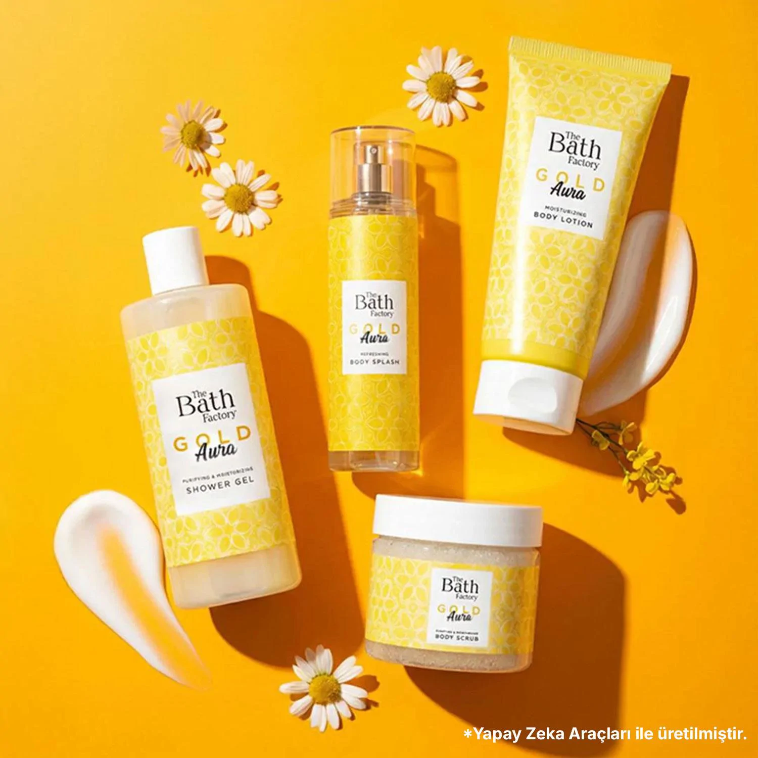 The Bath Factory Gold Aura Duş Jeli + Vücut Peelingi +  Saç ve Vücut Spreyi + Vücut Losyonu