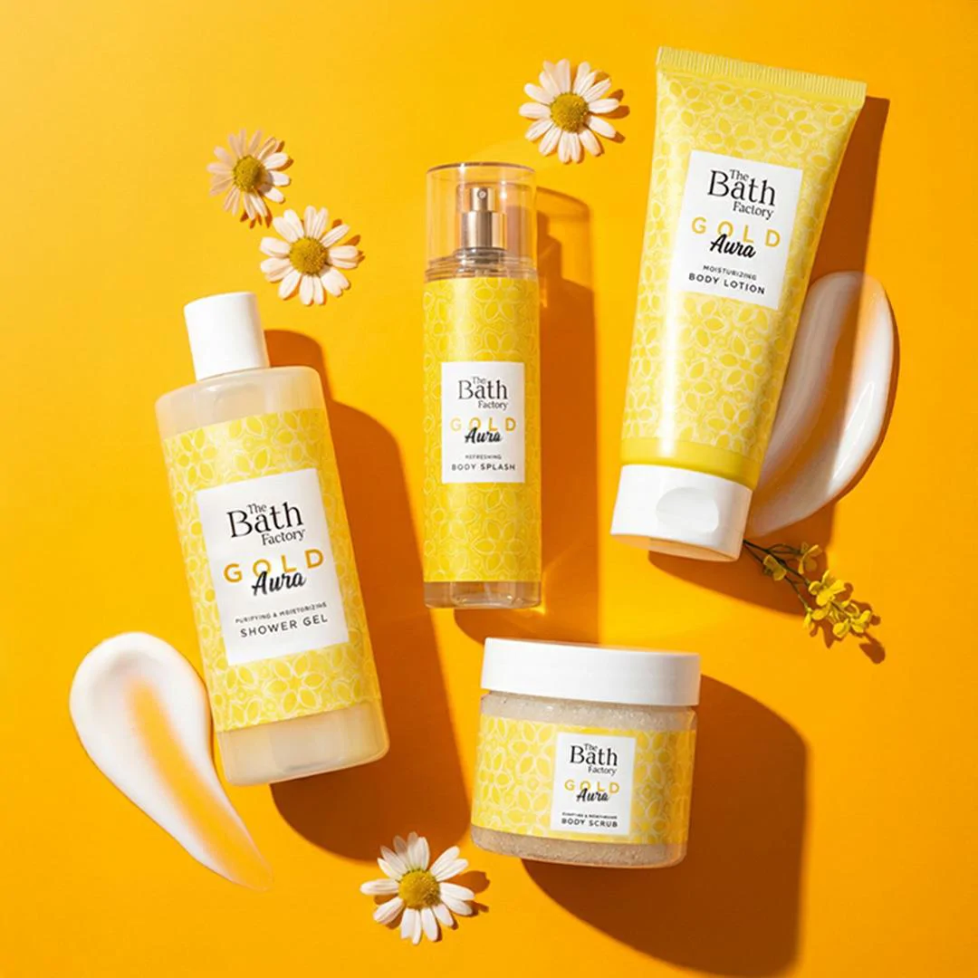 The Bath Factory Gold Aura Duş Jeli + Vücut Peelingi + Vücut Spreyi + Vücut Losyonu