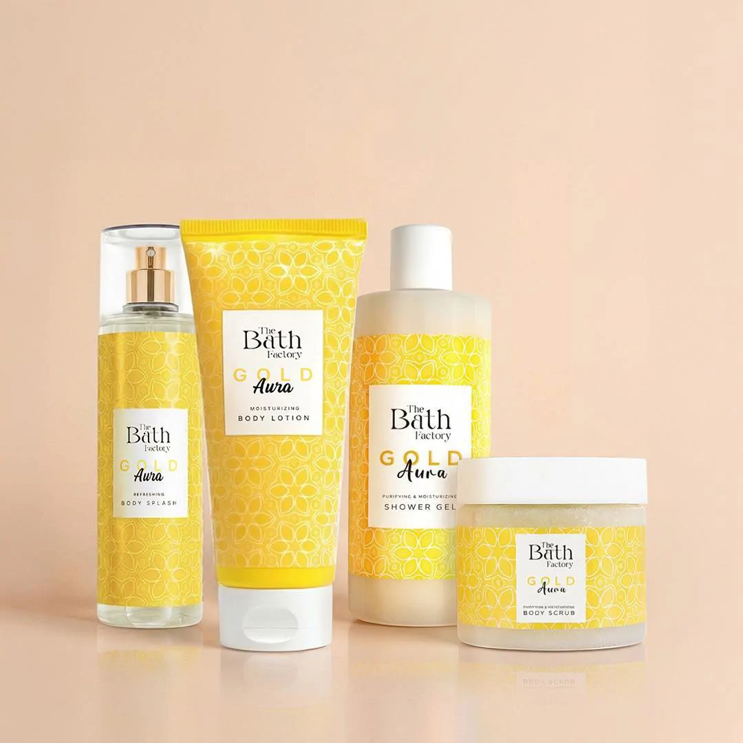 The Bath Factory Gold Aura Duş Jeli + Vücut Peelingi + Vücut Spreyi + Vücut Losyonu