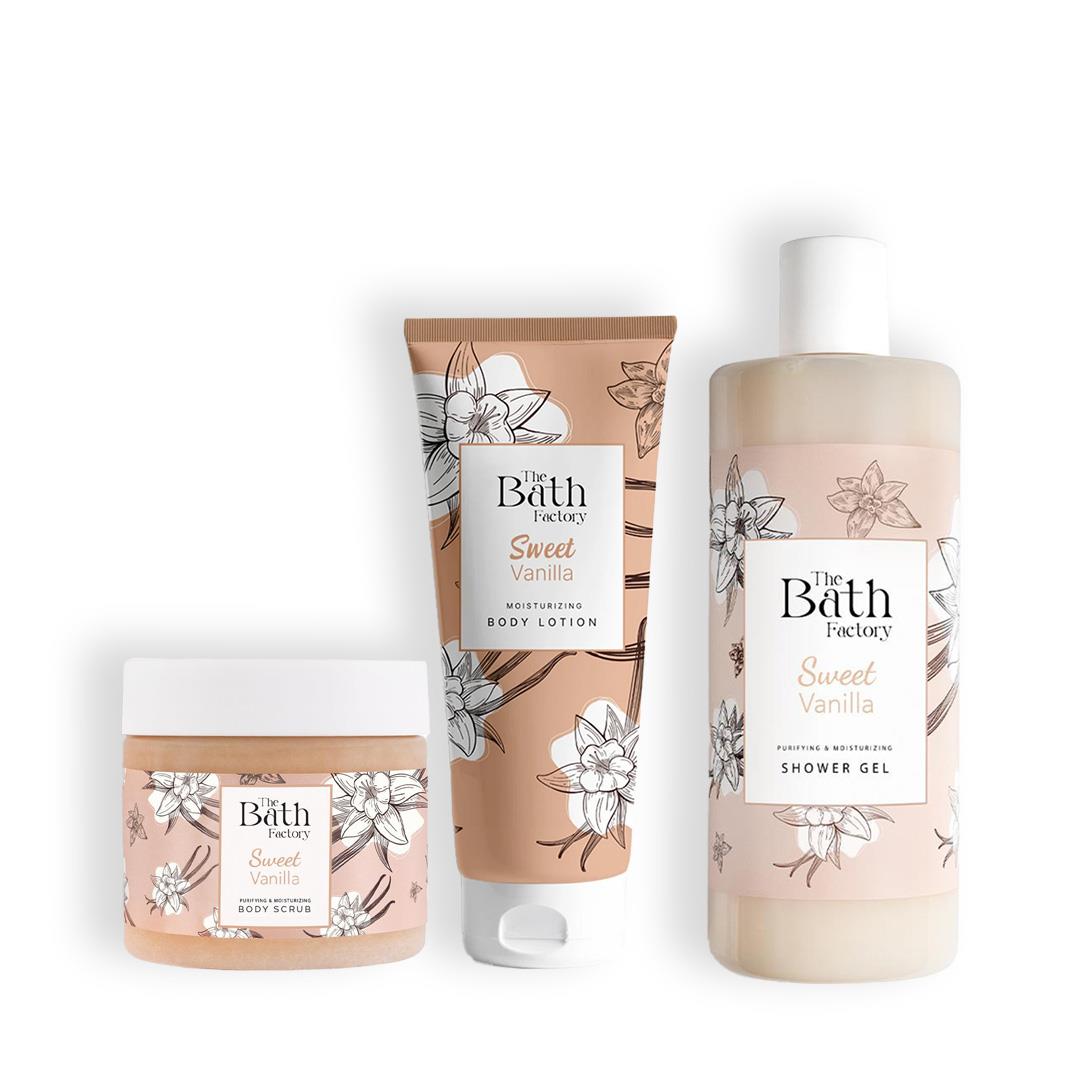 The Bath Factory Vanilyalı Duş Jeli + Vanilyalı Vücut Peelingi + Vanilyalı Vücut Losyonu