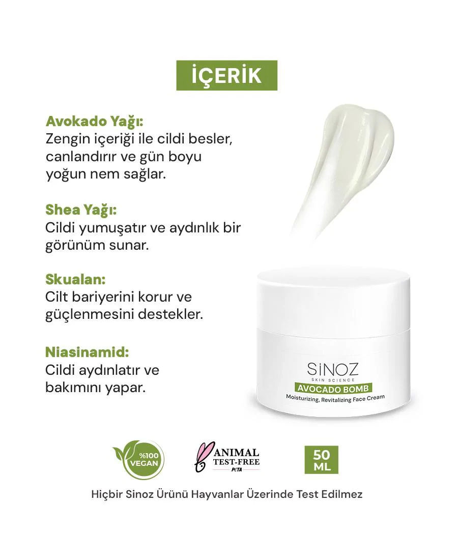 Sinoz Avokado Bomb Nemlendirici Canlandırıcı Yüz Bakım Kremi 50 ml