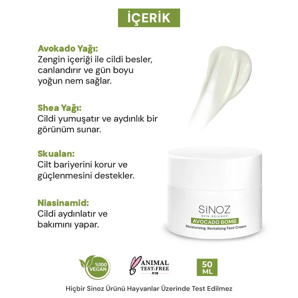 Sinoz Avokado Bomb Nemlendirici Canlandırıcı Yüz Bakım Kremi 50 Ml