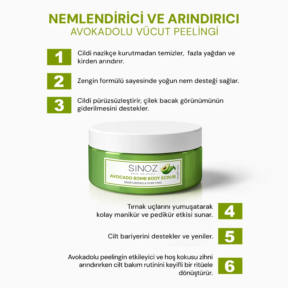 Sinoz Avokado Bomb Nemlendirici ve Arındırıcı Vücut Peelingi 300 Gr
