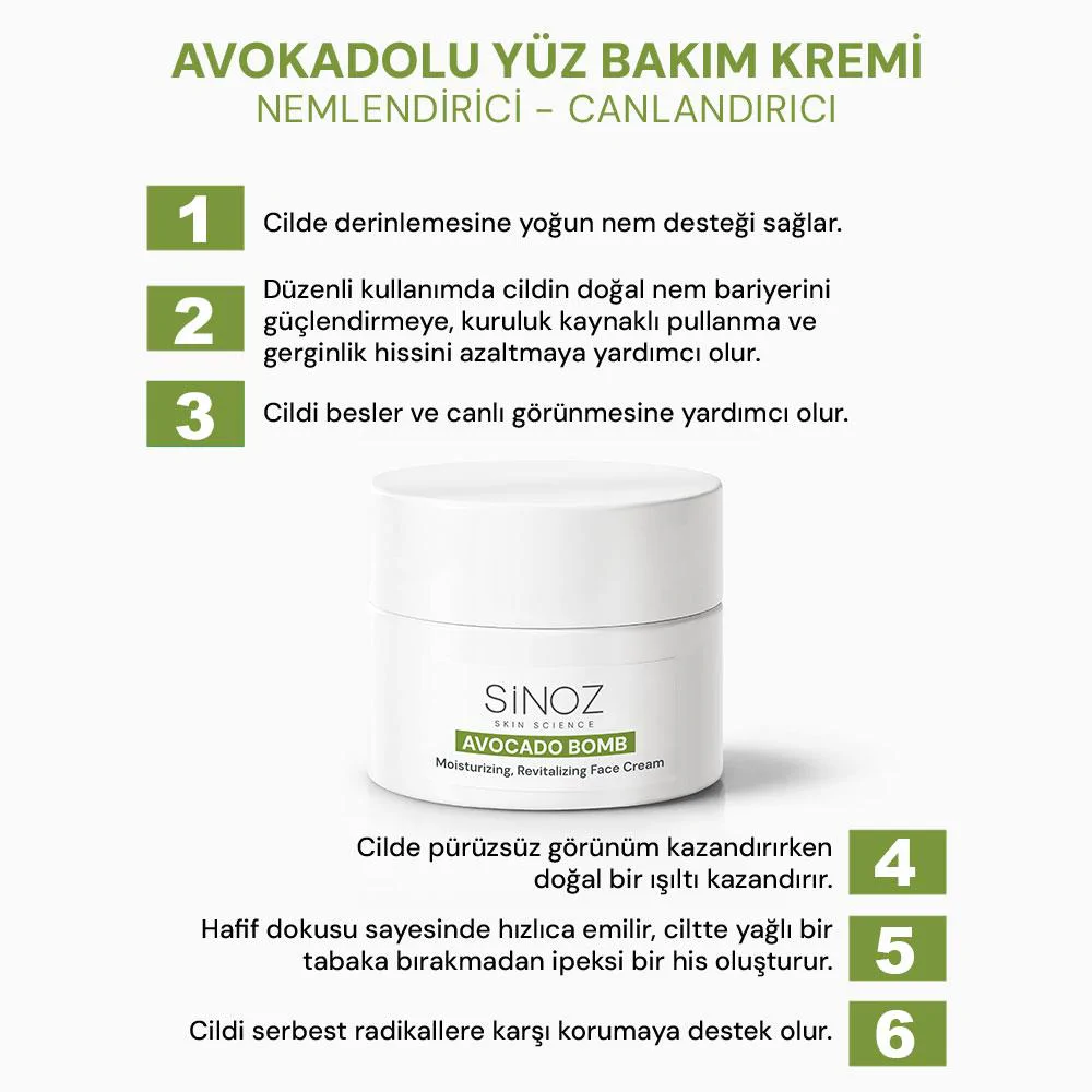 Sinoz Avokado Bomb Yoğun Nemlendirici Yüz Kremi & Göz Kremi 2'li Bakım Seti