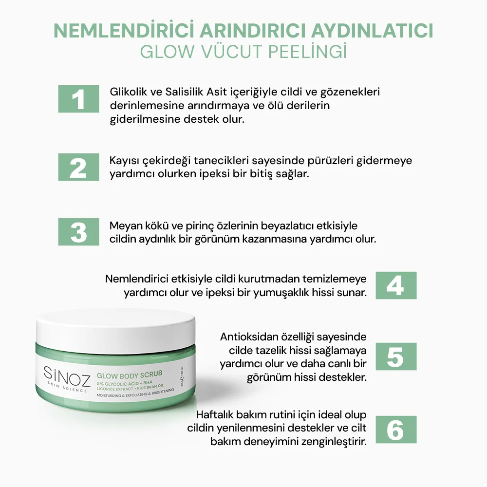 Sinoz Nemlendirici Arındırıcı ve Aydınlatıcı Glow Vücut Peelingi %5 Glikolik Asit 200 gr