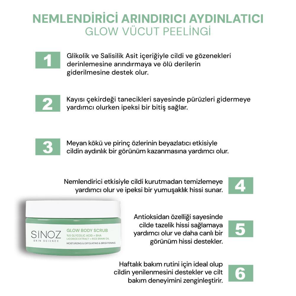 Sinoz Nemlendirici Arındırıcı ve Aydınlatıcı Glow Vücut Peelingi %5 Glikolik Asit 200 gr