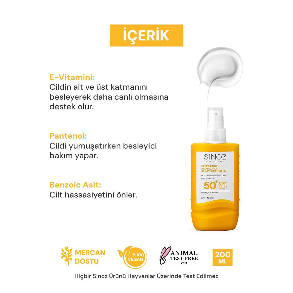 Sinoz Spf 50+ Ultra Yüksek Koruyucu Vücut Güneş Kremi Sprey -  Nemlendirici Hassas Bakım 200 ml