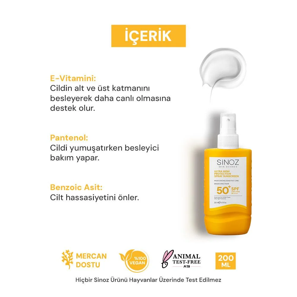Sinoz Spf 50+ Ultra Yüksek Koruyucu Vücut Güneş Kremi Sprey - Nemlendirici Hassas Bakım 200 ml