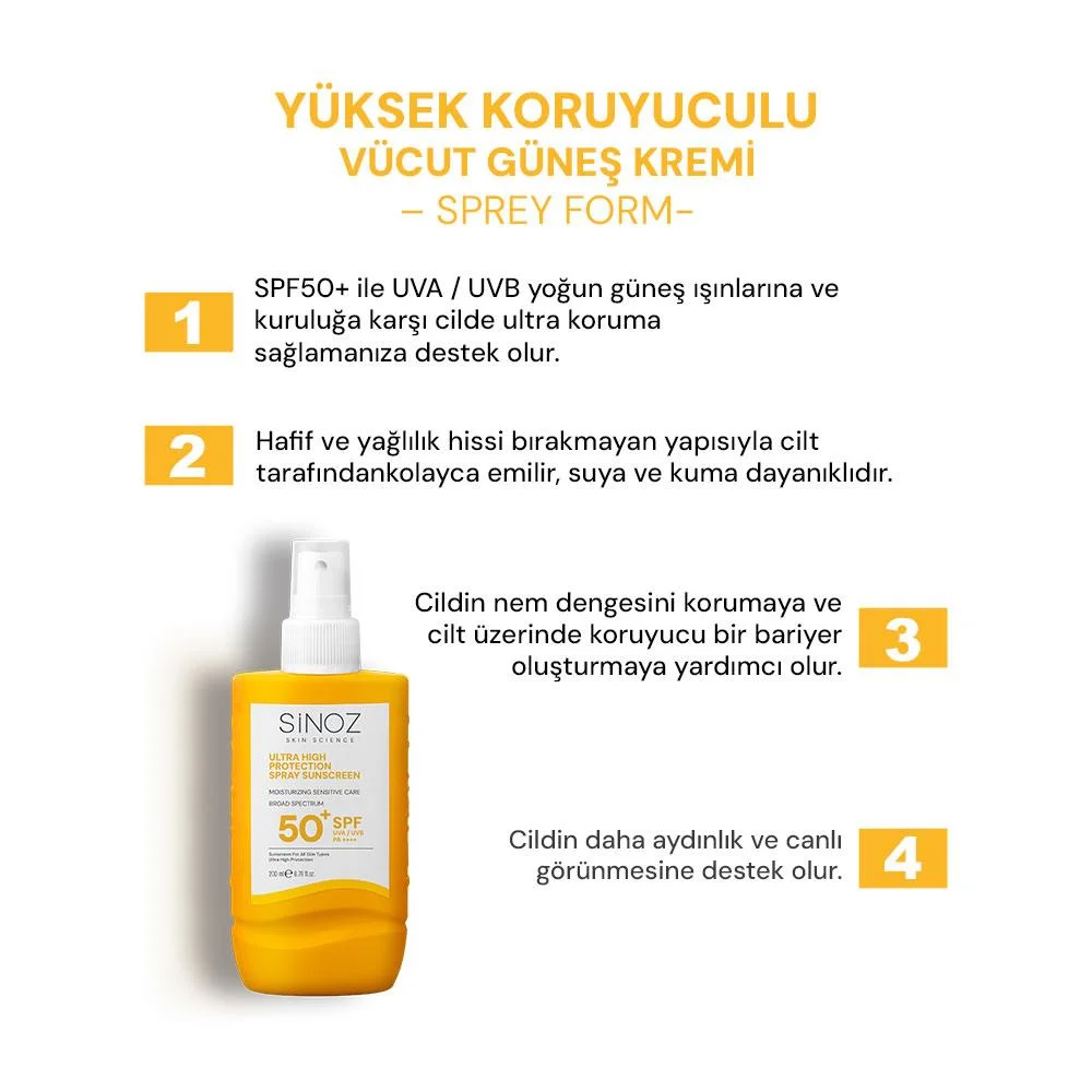 Sinoz Spf 50+ Ultra Yüksek Koruyucu Vücut Güneş Kremi Sprey - Nemlendirici Hassas Bakım 200 ml