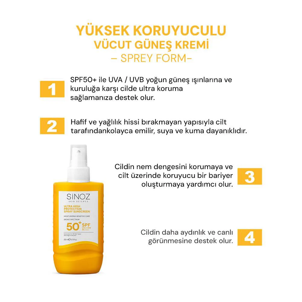 Sinoz Spf 50+ Ultra Yüksek Koruyucu Vücut Güneş Kremi Sprey -  Nemlendirici Hassas Bakım 200 ml