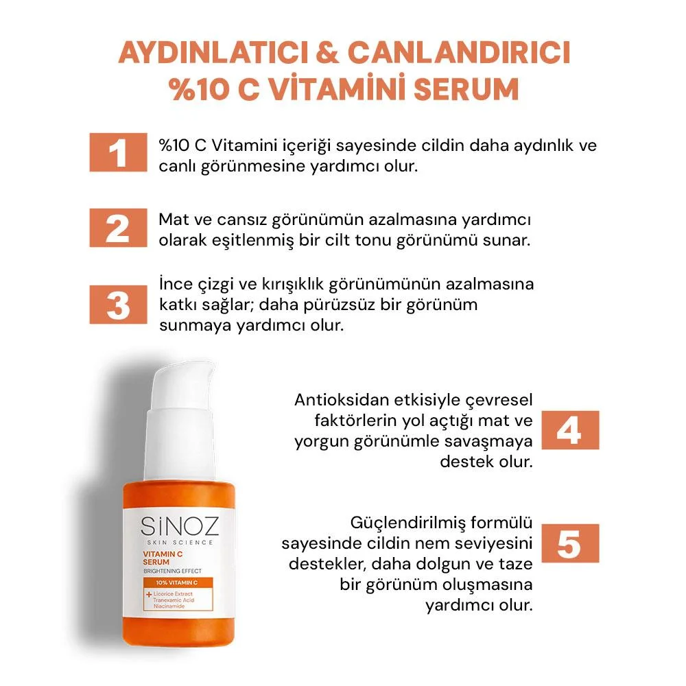 Sinoz Aydınlatıcı Canlandırıcı %10 C Vitamini Yüz Serumu 30 ml