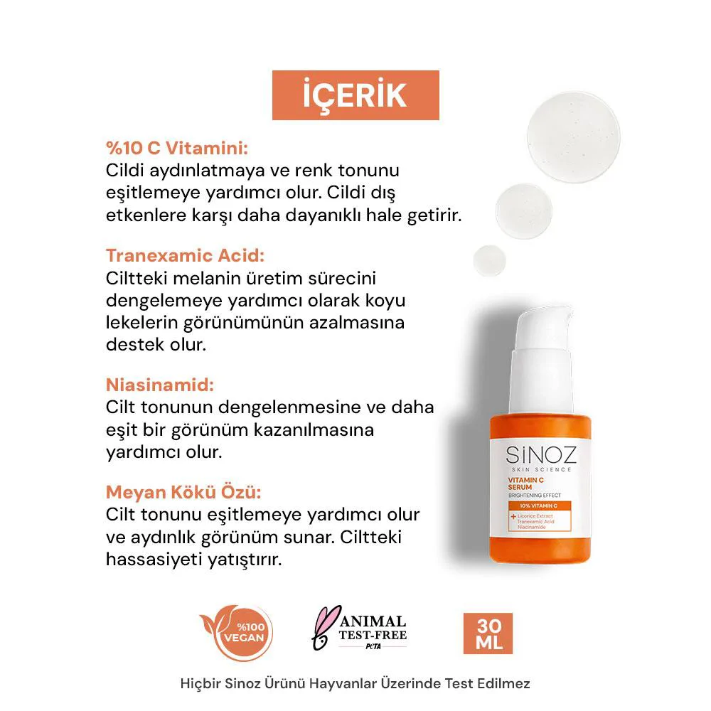 Sinoz Aydınlatıcı Canlandırıcı %10 C Vitamini Yüz Serumu 30 ml