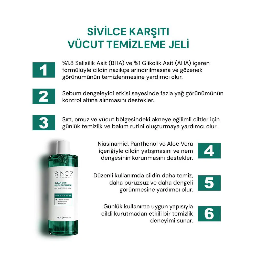Sinoz Clear Skin Body Cleanser Sivilce Karşıtı Vücut Temizleme Jeli 400 Ml