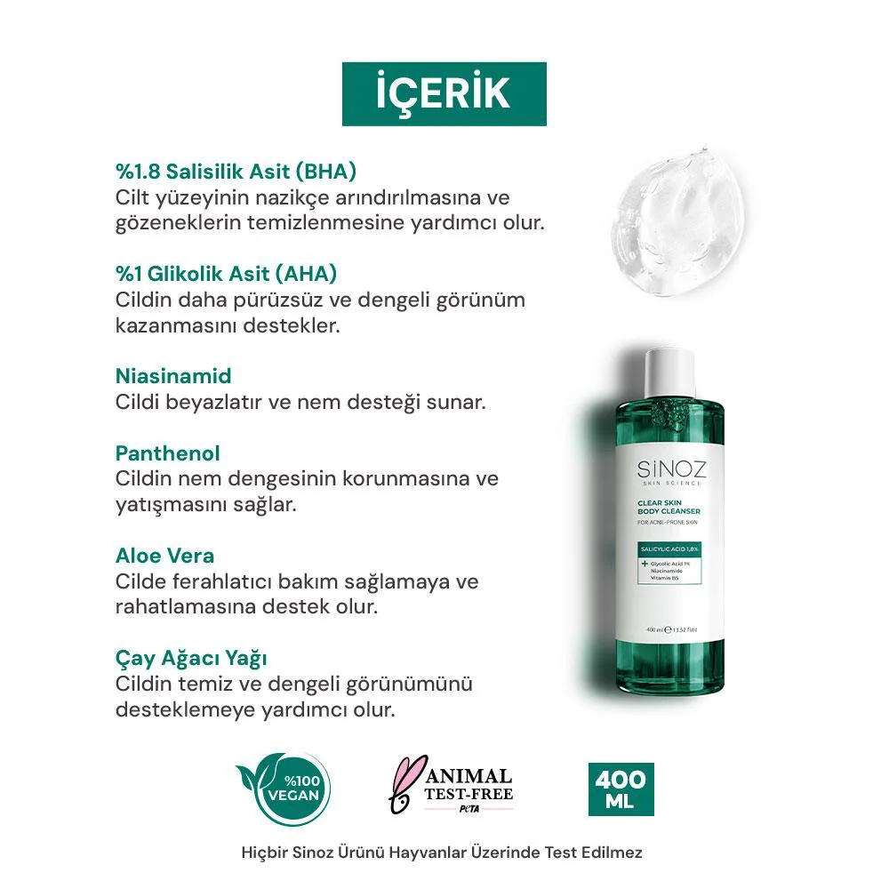 Sinoz Clear Skin Body Cleanser Sivilce Karşıtı Vücut Temizleme Jeli 400 Ml