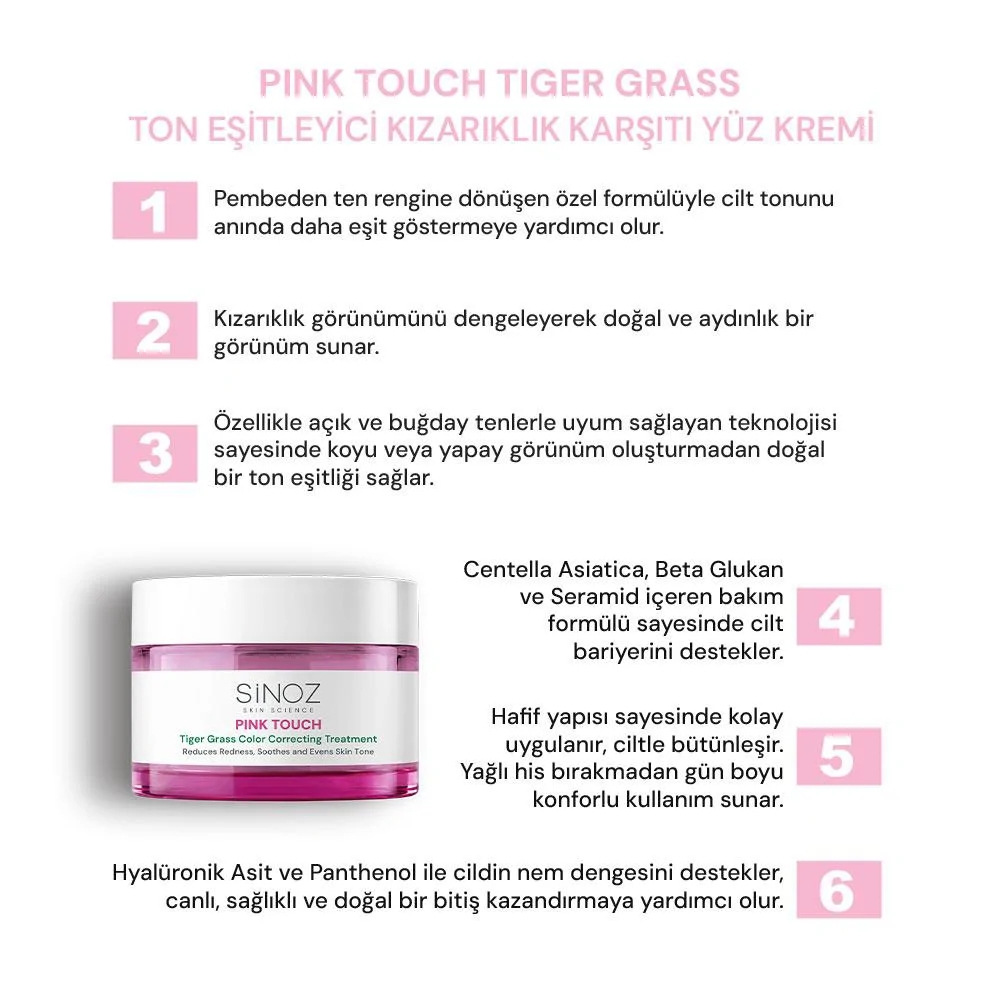 Sinoz Pink Touch Tiger Grass Anında Ton Eşitleyici Onarıcı Yüz Bakım Kremi 15 ml (Açık Tenler İçin)