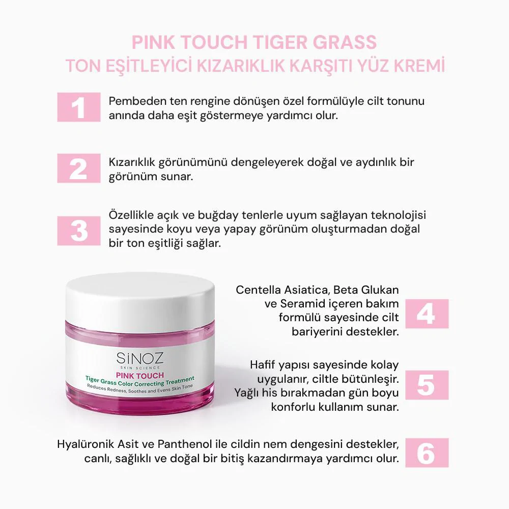 Sinoz Pink Touch Tiger Grass Anında Ton Eşitleyici Onarıcı Yüz Bakım Kremi 15 ml (Açık Tenler İçin)