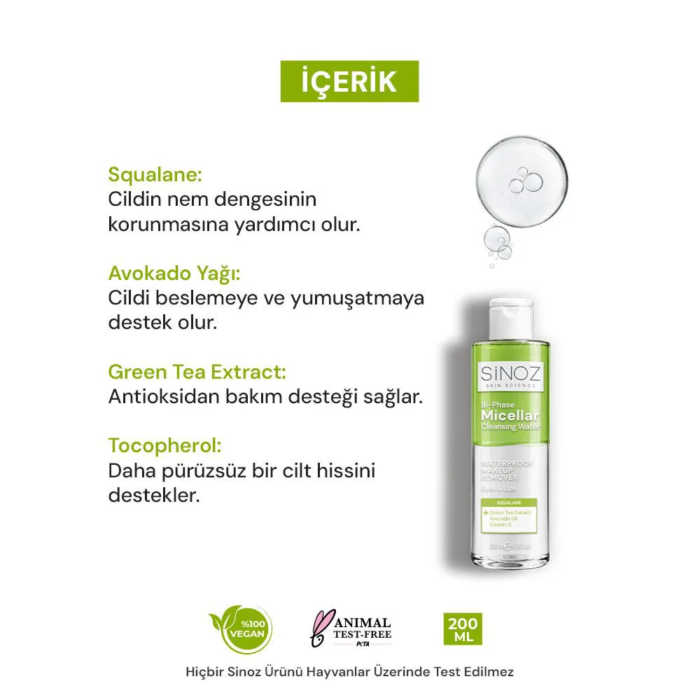 Sinoz Çift Fazlı Micellar Makyaj Temizleme Suyu 200 ml (Suya Dayanıklı Makyaj)