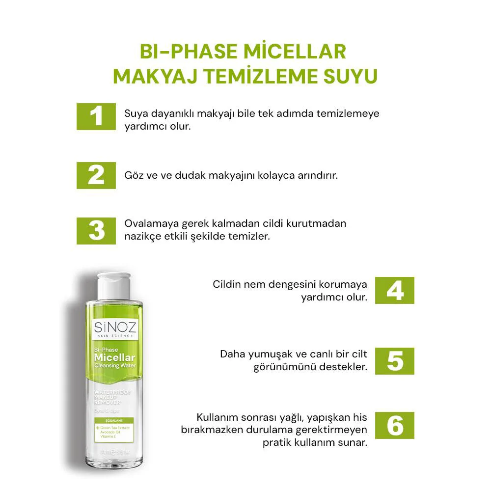 Sinoz Çift Fazlı Micellar Makyaj Temizleme Suyu 200 ml (Suya Dayanıklı Makyaj)