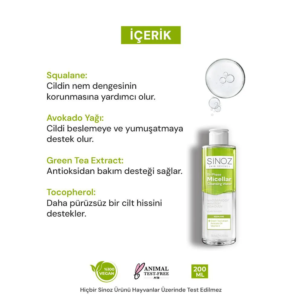 Sinoz Çift Fazlı Micellar Makyaj Temizleme Suyu 200 ml (Suya Dayanıklı Makyaj)