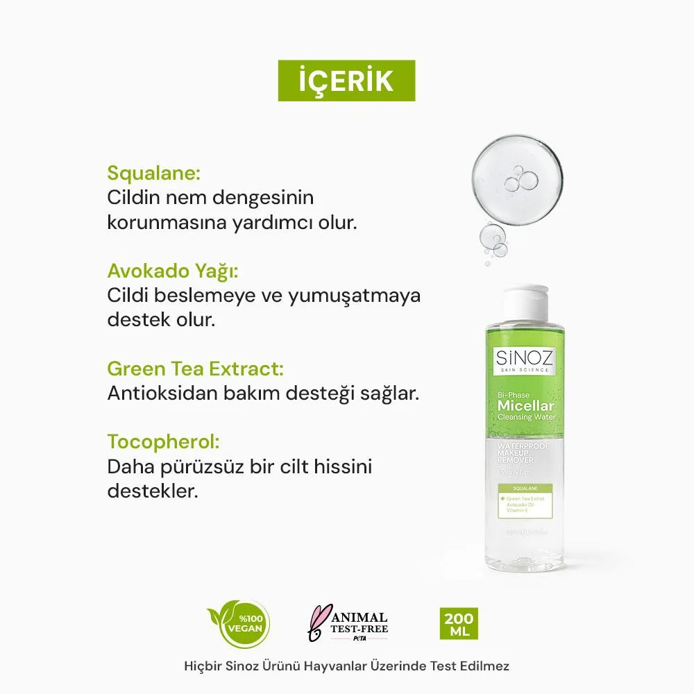 Sinoz Çift Fazlı Micellar Makyaj Temizleme Suyu 200 ml (Suya Dayanıklı Makyaj)