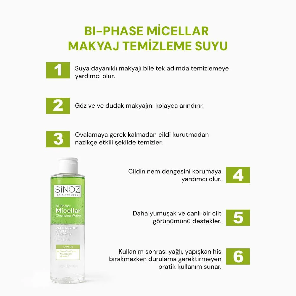 Sinoz Çift Fazlı Micellar Makyaj Temizleme Suyu 200 ml (Suya Dayanıklı Makyaj)
