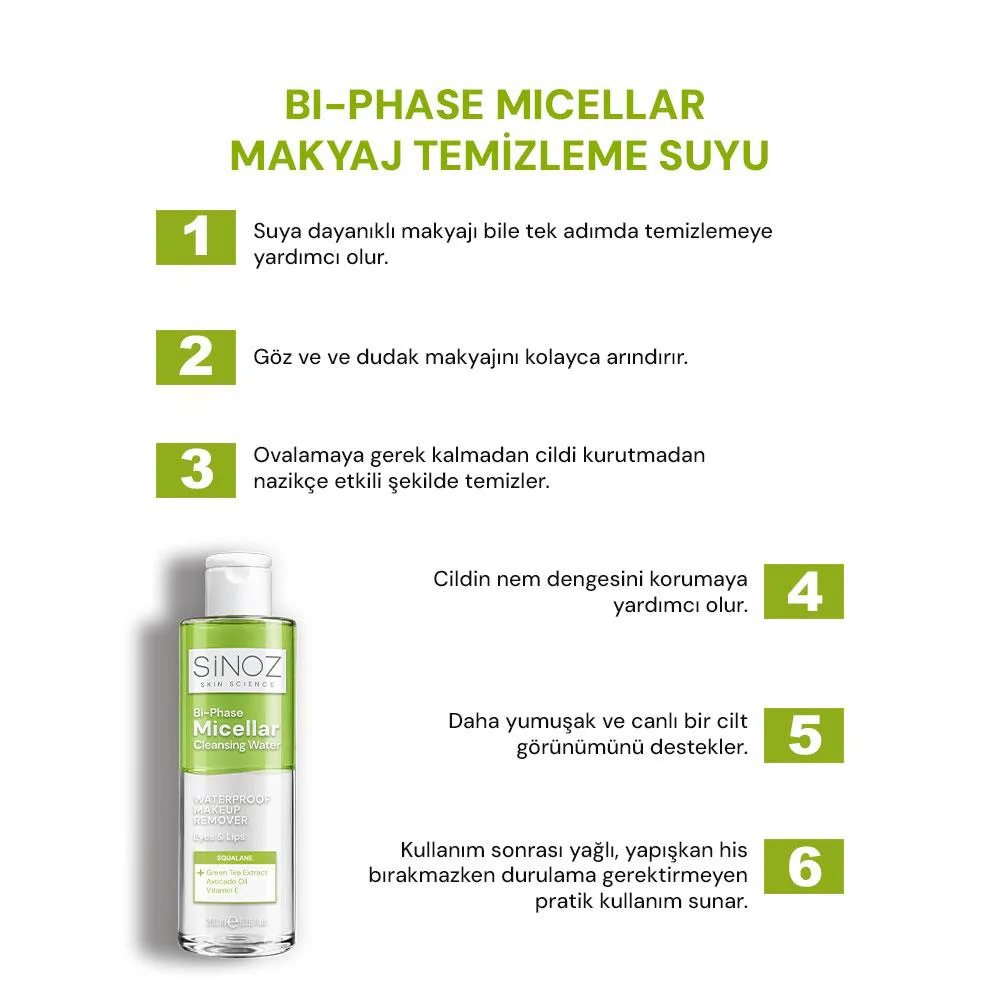 Sinoz Çift Fazlı Micellar Makyaj Temizleme Suyu 200 ml (Suya Dayanıklı Makyaj)