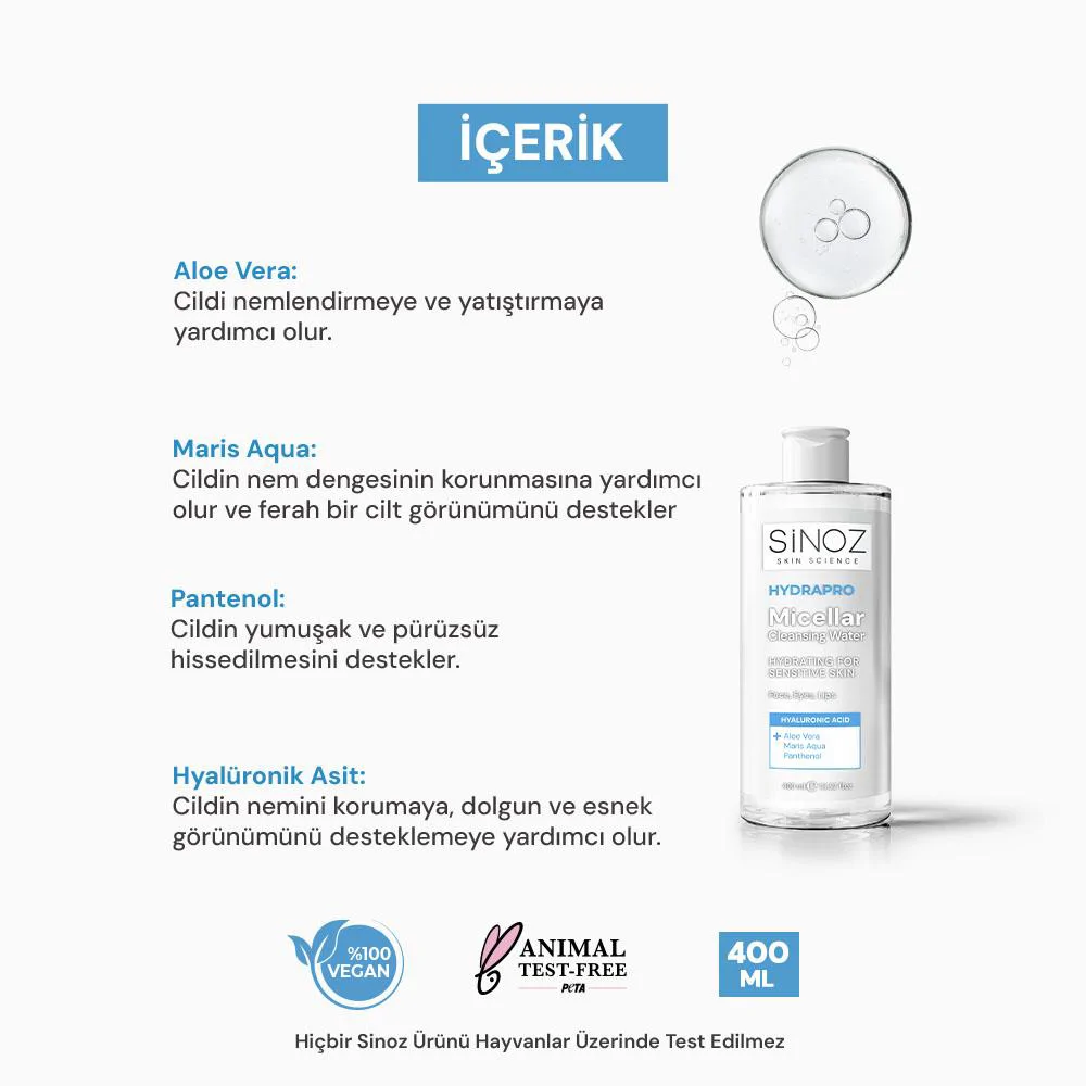Sinoz Hydrapro Micellar Water Hassas Ciltler İçin Nemlendirici Makyaj Temizleme Suyu 400 ml