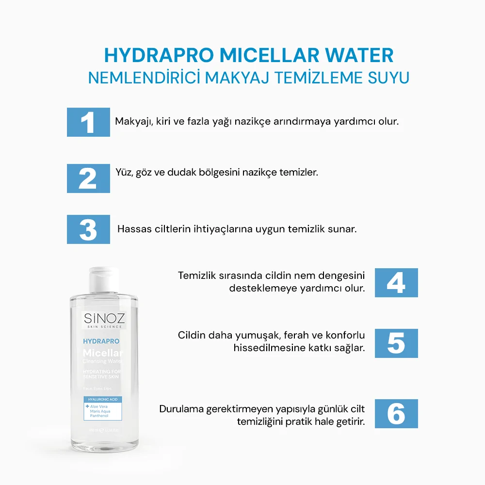 Sinoz Hydrapro Micellar Water Hassas Ciltler İçin Nemlendirici Makyaj Temizleme Suyu 400 ml