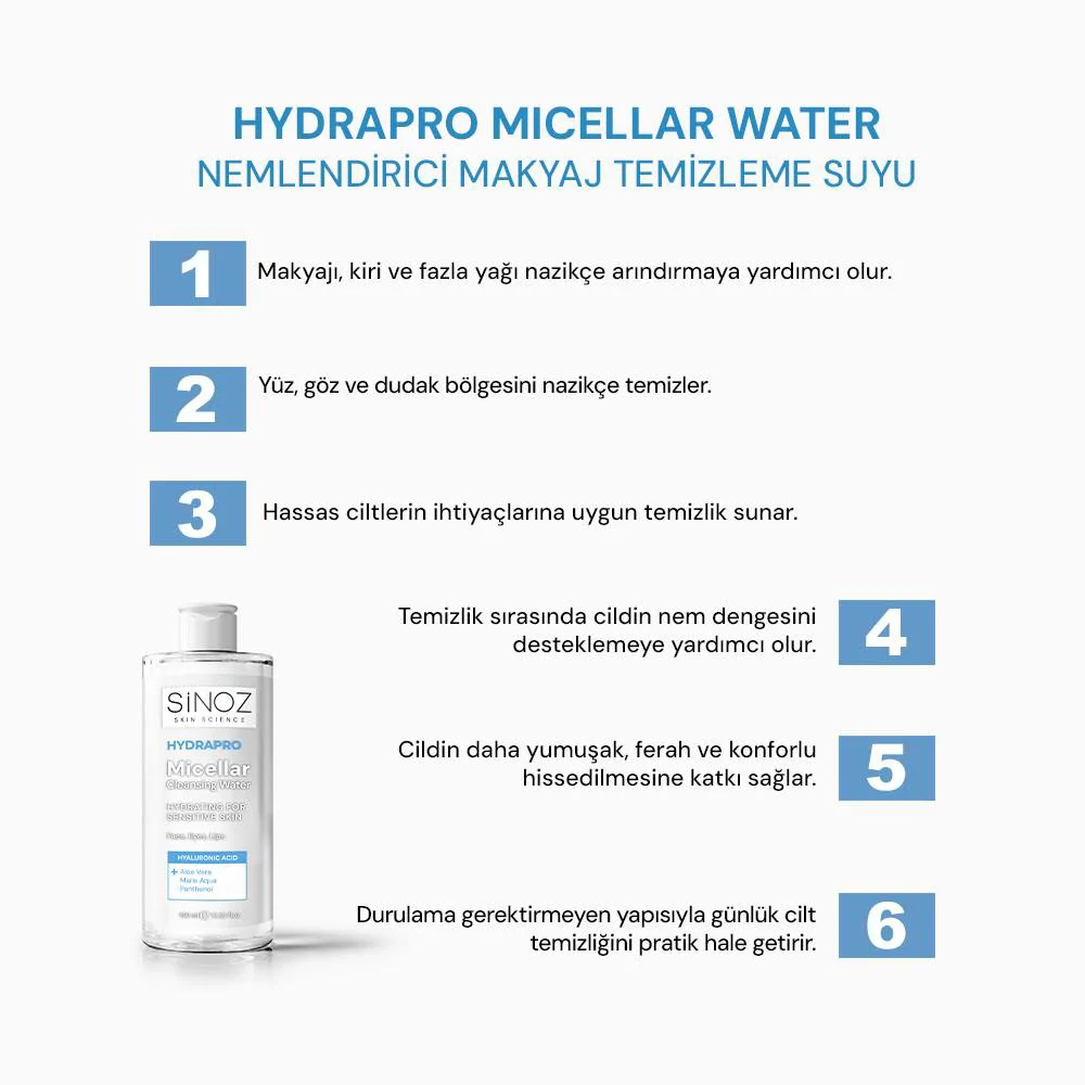 Sinoz Hydrapro Micellar Water Hassas Ciltler İçin Nemlendirici Makyaj Temizleme Suyu 400 ml