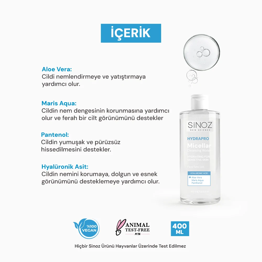 Sinoz Hydrapro Micellar Water Hassas Ciltler İçin Nemlendirici Makyaj Temizleme Suyu 400 ml