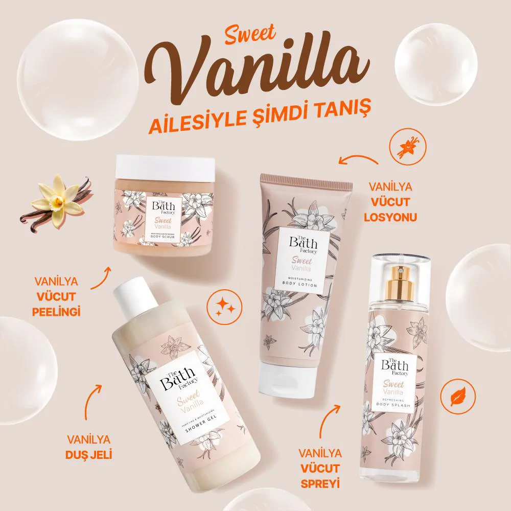 The Bath Factory Sweet Vanilla Duş Jeli 400 ml+ Saç ve Vücut Spreyi 200 ml 2'li Set