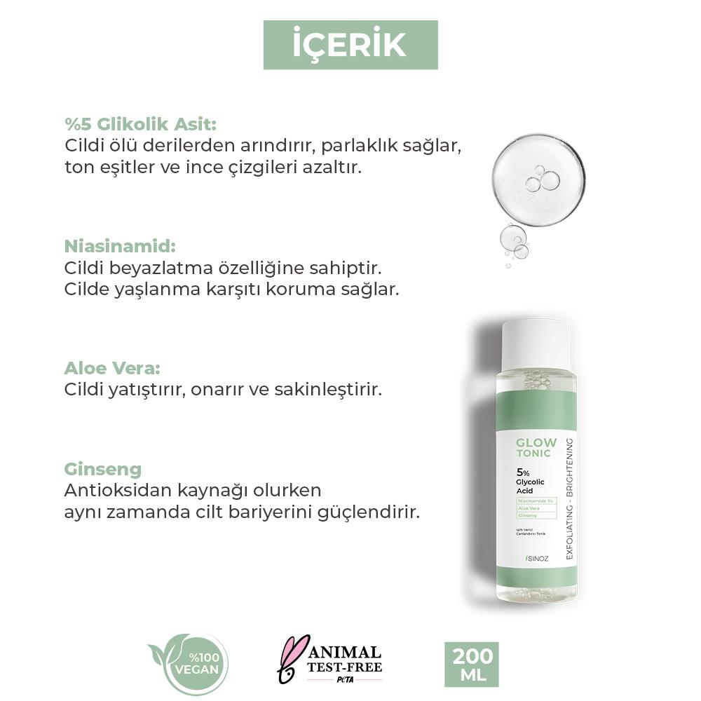 Sinoz Gözenek Sıkılaştırıcı Arındırıcı Canlandırıcı Peeling Etkili Glow Tonik Glycolic Acid %5 + Niacinamide %1 200 ml