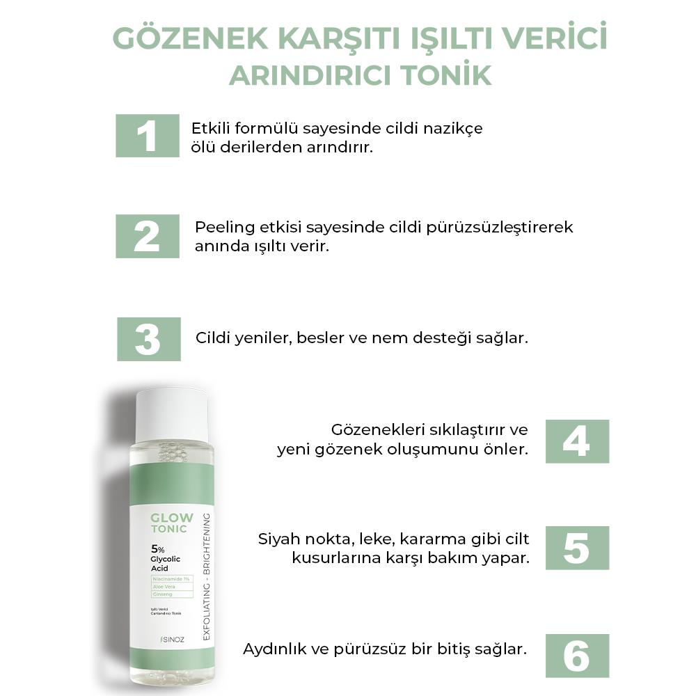 Sinoz Gözenek Sıkılaştırıcı Arındırıcı Canlandırıcı Peeling Etkili Glow Tonik Glycolic Acid %5 + Niacinamide %1 200 ml