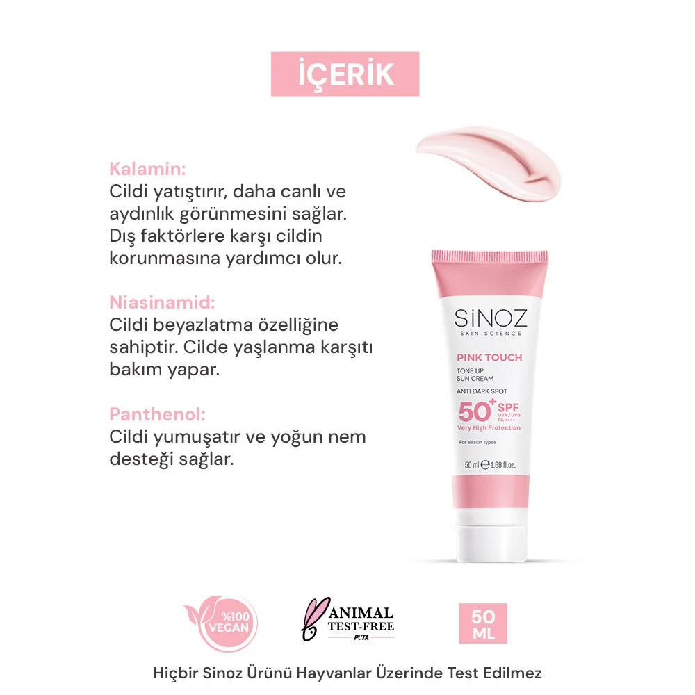 Sinoz Pink Touch Aydınlatıcı SPF50+ Pembe Güneş Kremi - Tüm Cilt Tipleri 50 ml