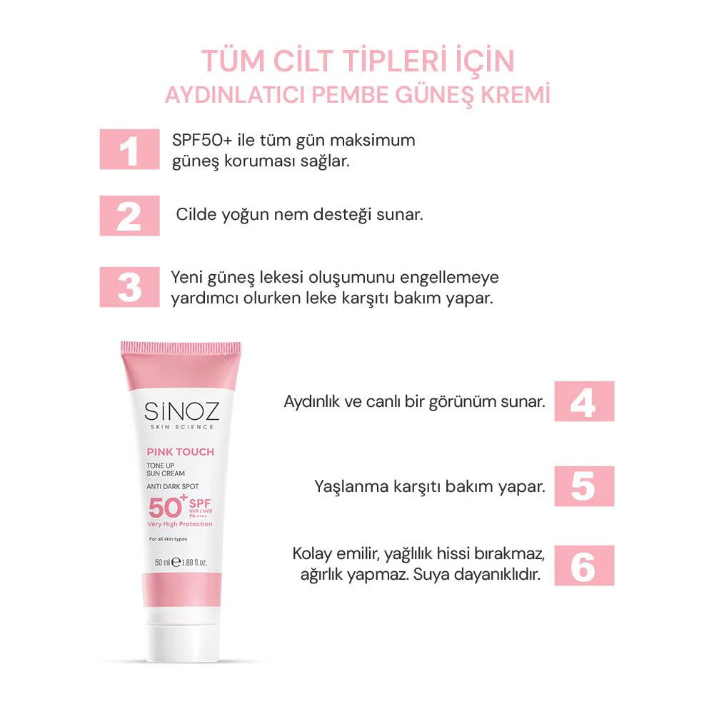 Sinoz Pink Touch Aydınlatıcı SPF50+ Pembe Güneş Kremi - Tüm Cilt Tipleri 50 ml