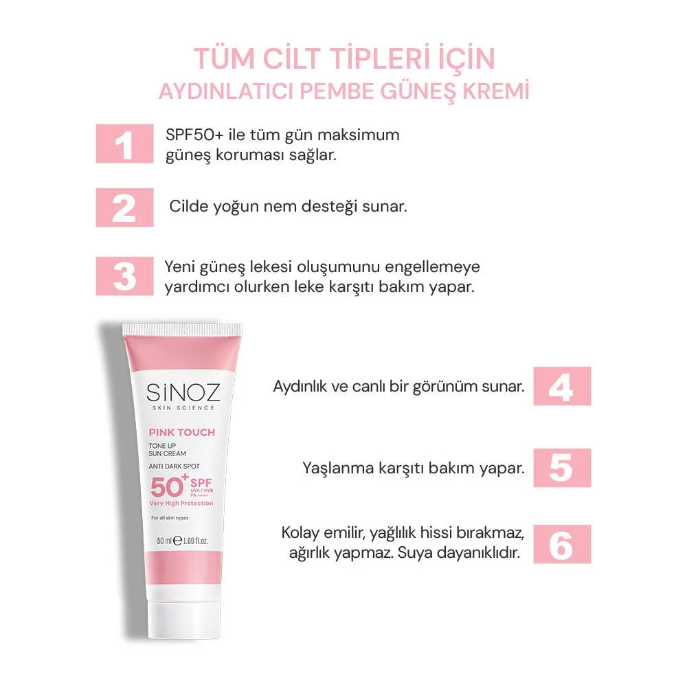 Sinoz Pink Touch Aydınlatıcı SPF50+ Pembe Güneş Kremi - Tüm Cilt Tipleri 50 ml