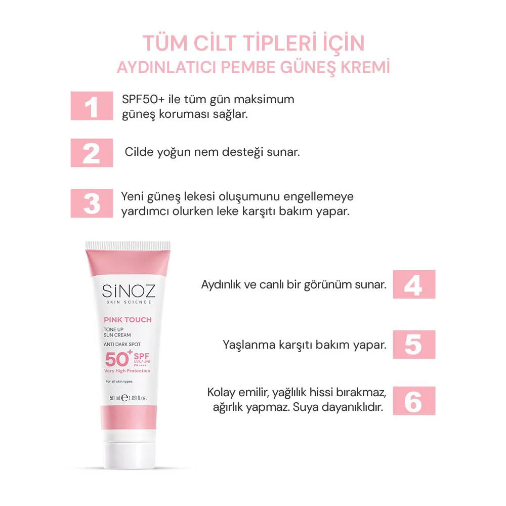 Sinoz Pink Touch Aydınlatıcı SPF50+ Pembe Güneş Kremi - Tüm Cilt Tipleri 50 ml