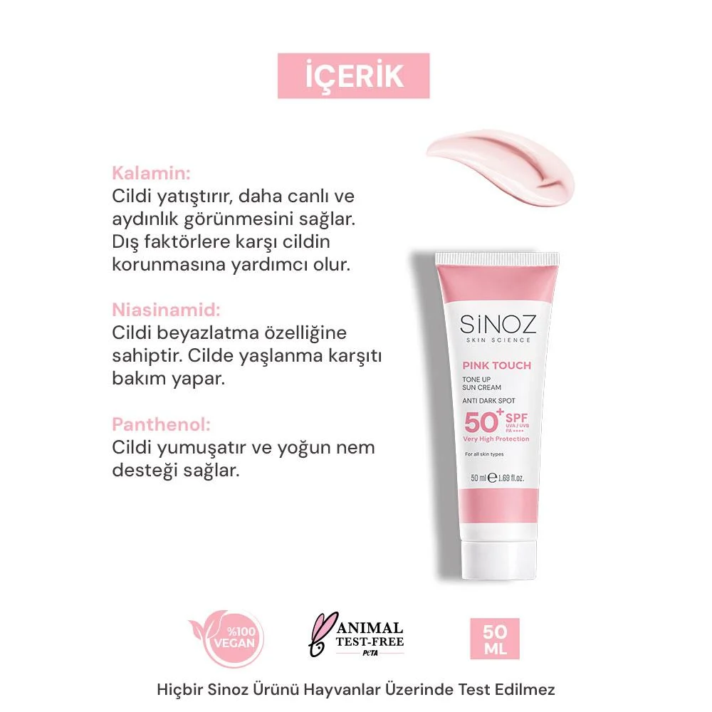 Sinoz Pink Touch Aydınlatıcı SPF50+ Pembe Güneş Kremi - Tüm Cilt Tipleri 50 ml