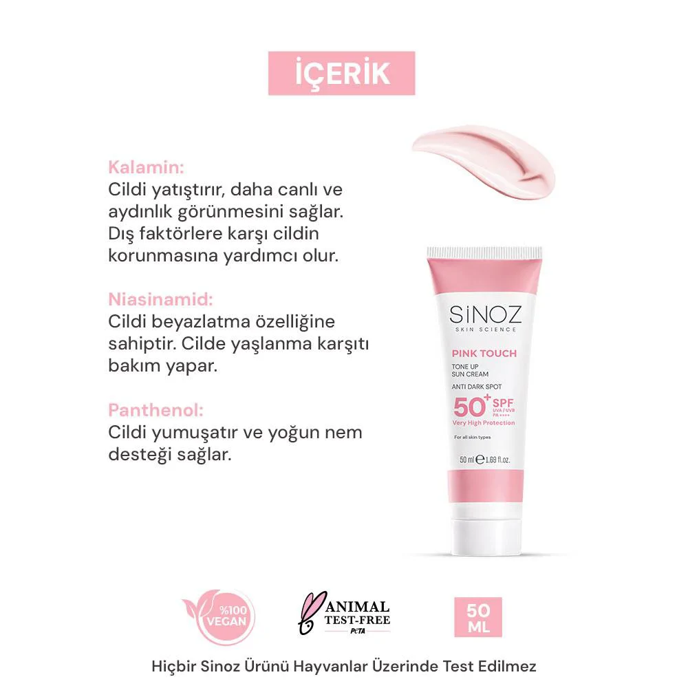 Sinoz Pink Touch Aydınlatıcı SPF50+ Pembe Güneş Kremi - Tüm Cilt Tipleri 50 ml