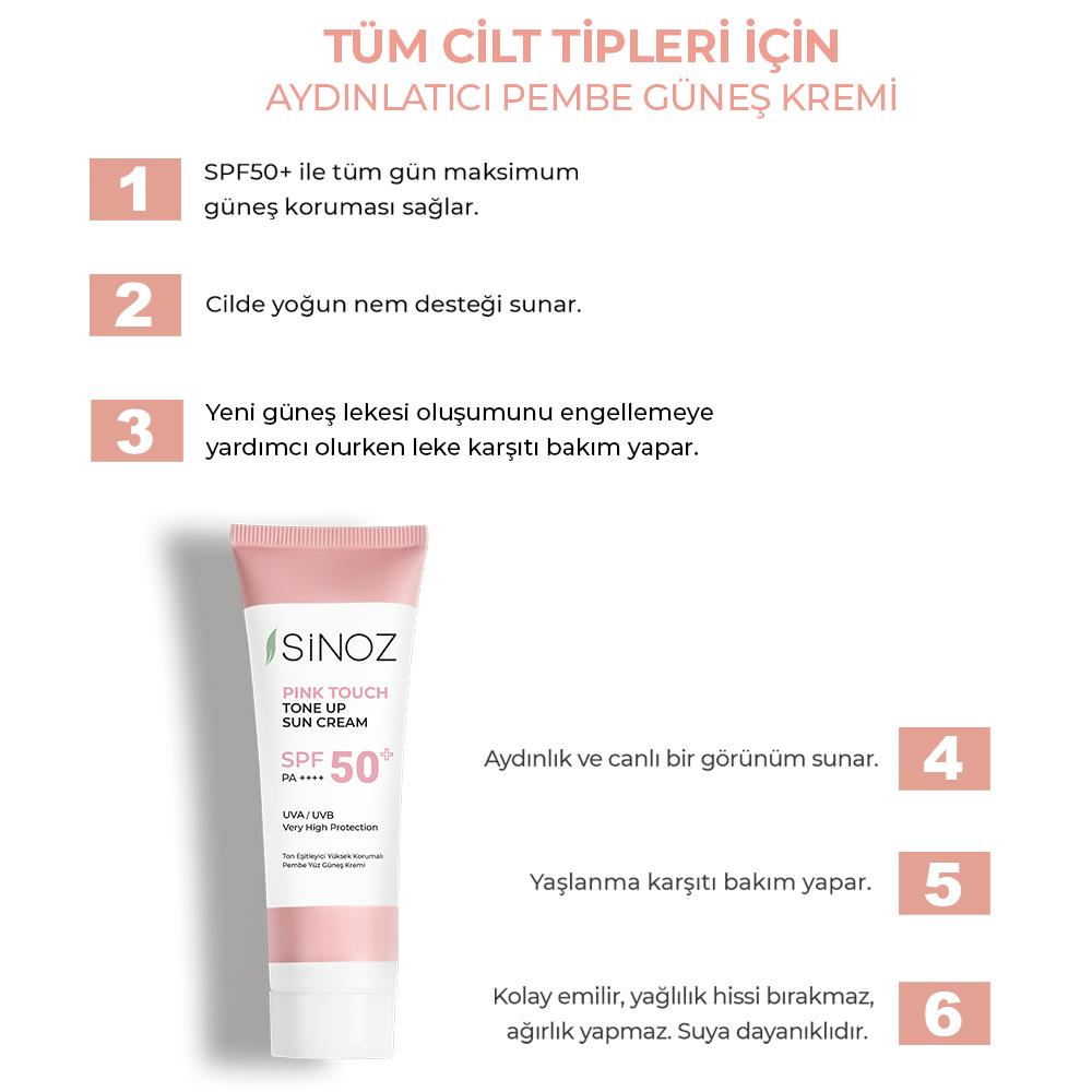 Sinoz Pink Touch Spf 50+ Cilt Aydınlatıcı Ton Eşitleyici Pembe Yüz Güneş Kremi 50 ml Tüm Ciltler İçin