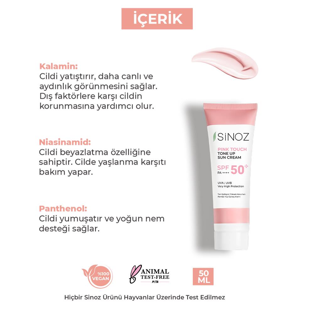 Sinoz Pink Touch Spf 50+ Cilt Aydınlatıcı Ton Eşitleyici Pembe Yüz Güneş Kremi 50 ml Tüm Ciltler İçin