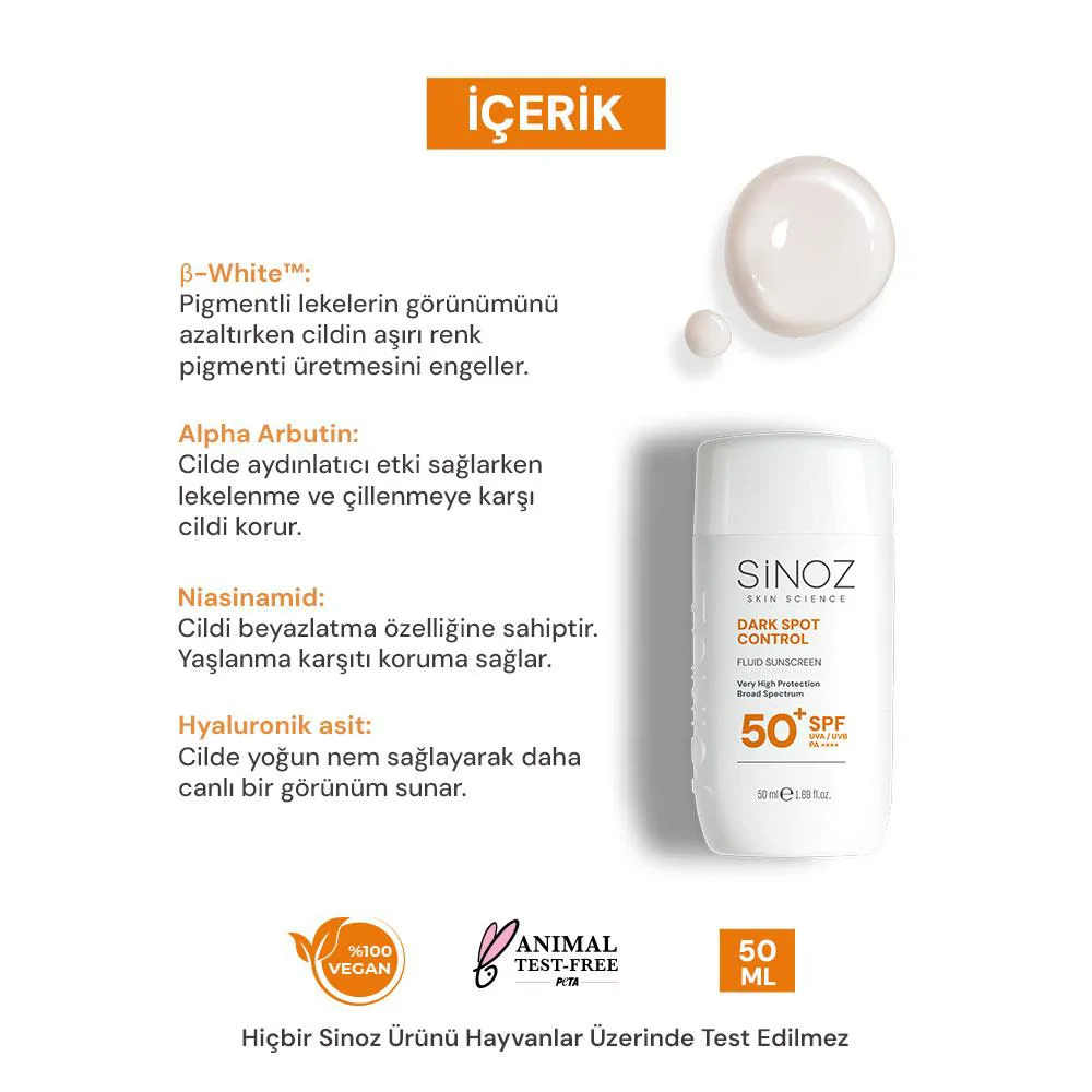 Sinoz Spf50+ Koyu Lekeli Ciltlere Özel Alpha Arbutin içerikli Sıvı Güneş Kremi 50 ml