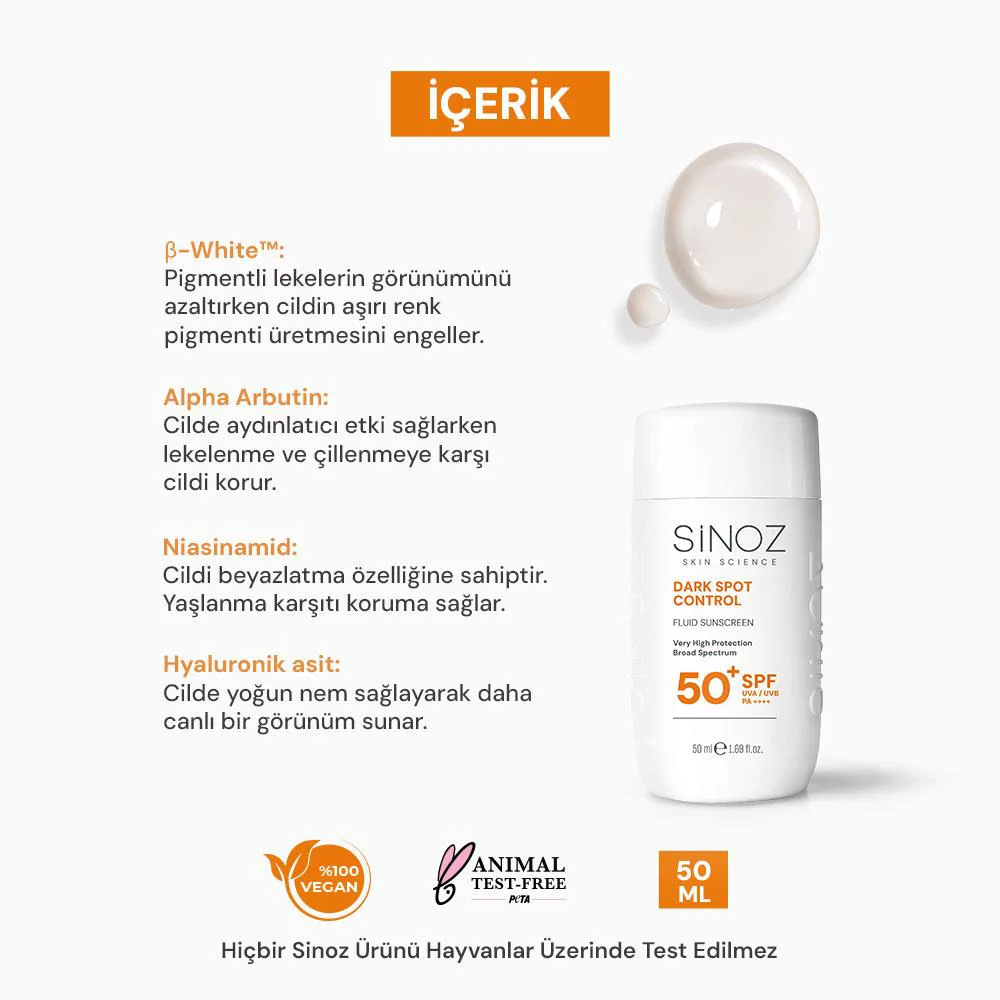 Sinoz Spf50+ Koyu Lekeli Ciltlere Özel Alpha Arbutin içerikli Sıvı Güneş Kremi 50 ml