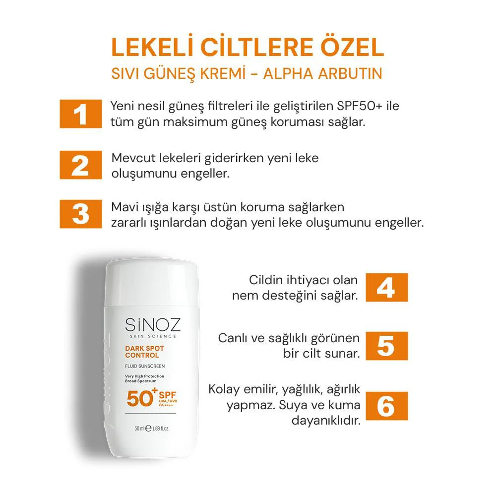 Sinoz Spf50+ Koyu Lekeli Ciltlere Özel Alpha Arbutin içerikli Sıvı Güneş Kremi 50 ml