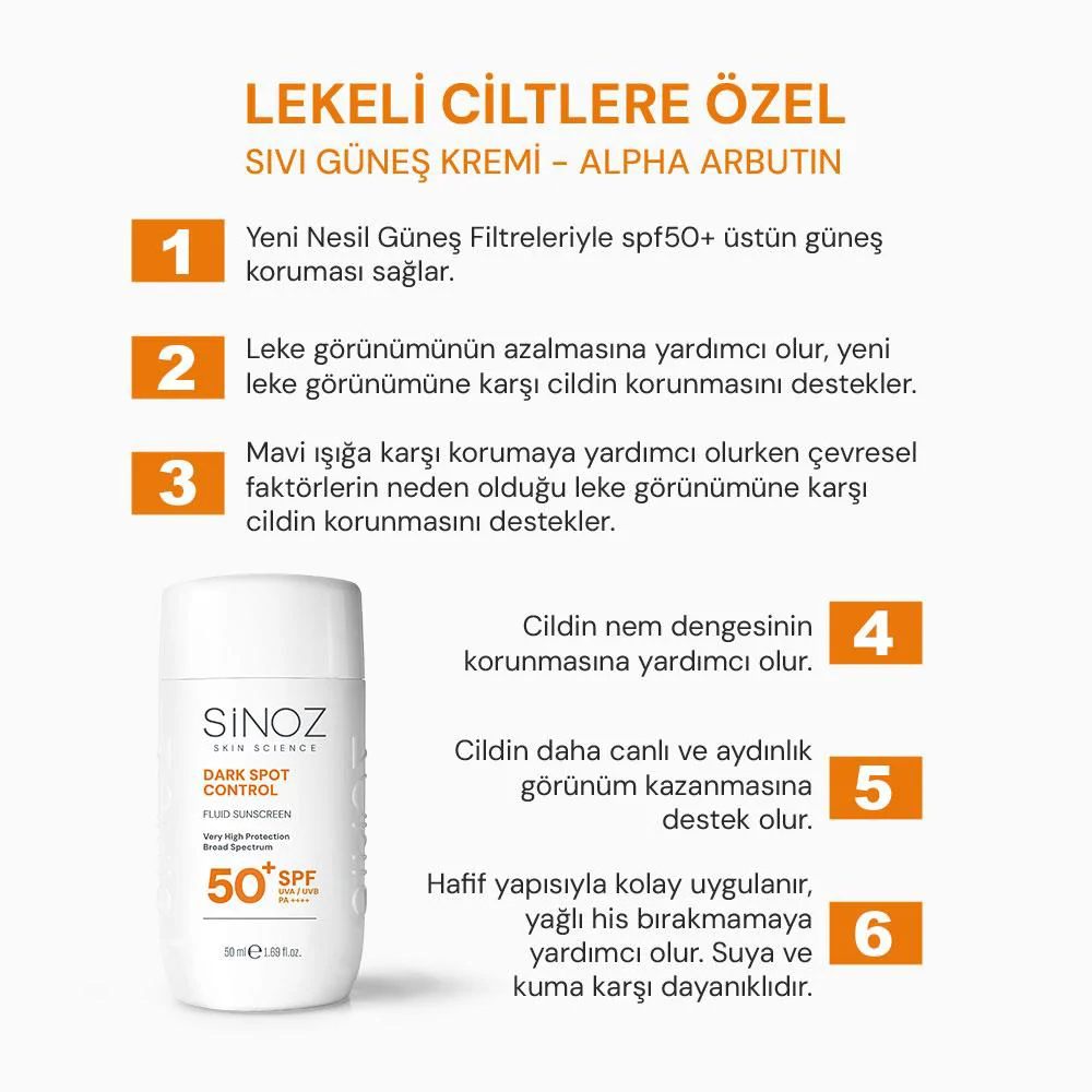 Sinoz Spf50+ Koyu Lekeli Ciltlere Özel Alpha Arbutin içerikli Sıvı Güneş Kremi 50 ml