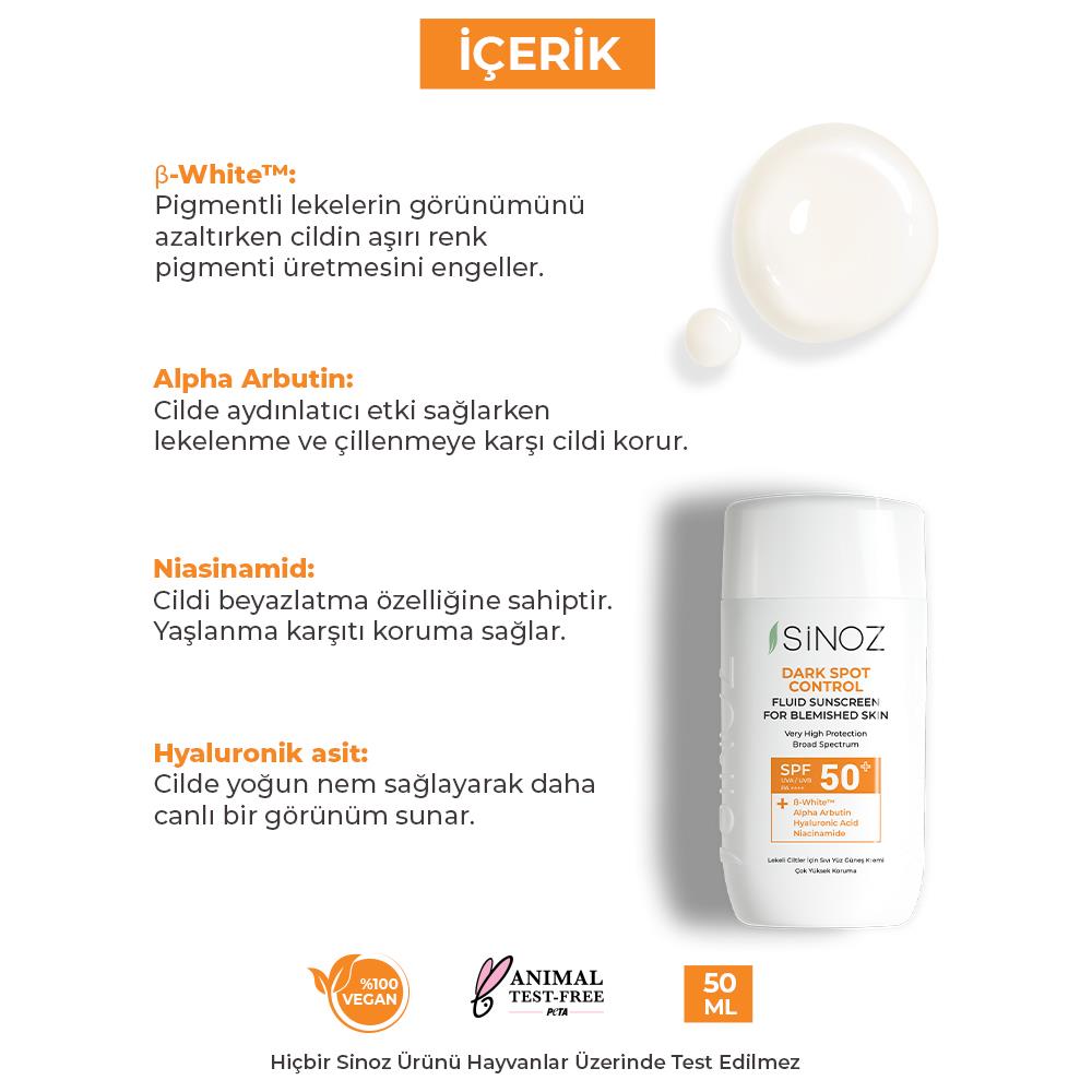 Sinoz Spf50+ Lekeli Ciltlere Özel Sıvı Güneş Kremi - Yeni Nesil Güneş Filtreleri ile Hibrit Formül  50 ml