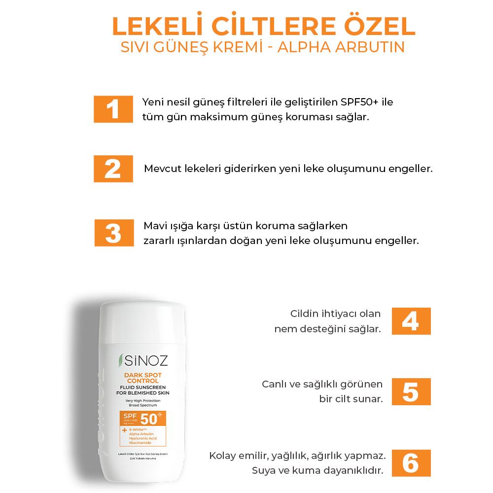 Sinoz Spf50+ Lekeli Ciltlere Özel Sıvı Güneş Kremi - Yeni Nesil Güneş Filtreleri ile Hibrit Formül  50 ml