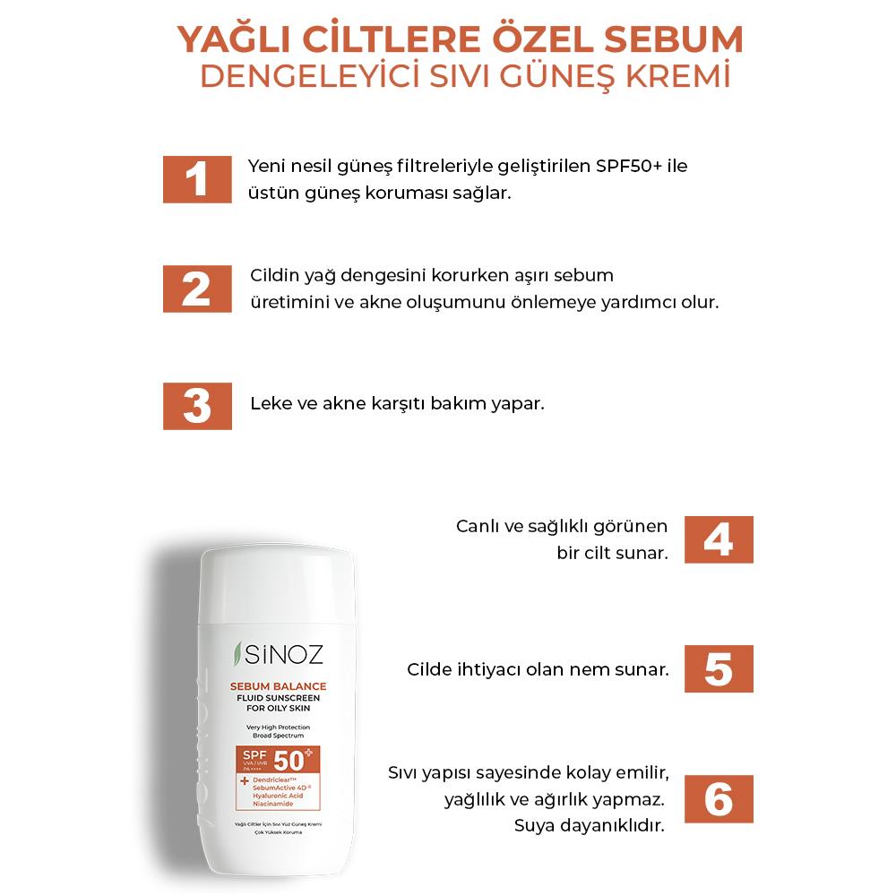 Sinoz Spf50+ Yağlı Ciltlere Özel Sıvı Güneş Kremi - Yeni Nesil Güneş Filtreleri ile Hibrit Formül 50 ml