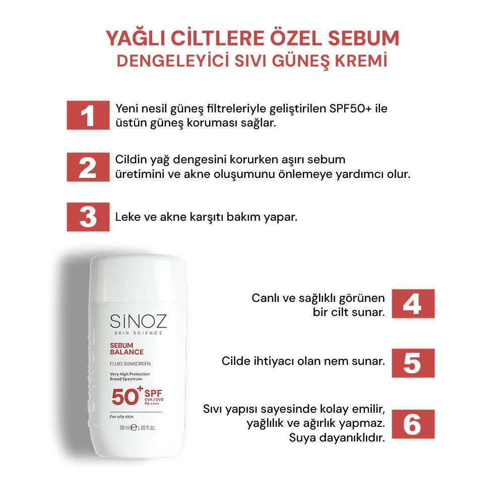Sinoz Yağlı Ciltlere Özel Günlük Kullanım Spf50+ Sıvı Güneş Kremi 50 ml