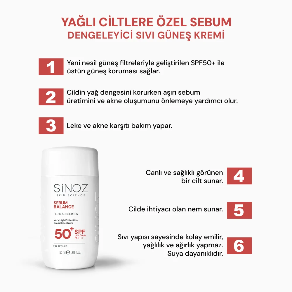 Sinoz Yağlı Ciltlere Özel Günlük Kullanım Spf50+ Sıvı Güneş Kremi 50 ml